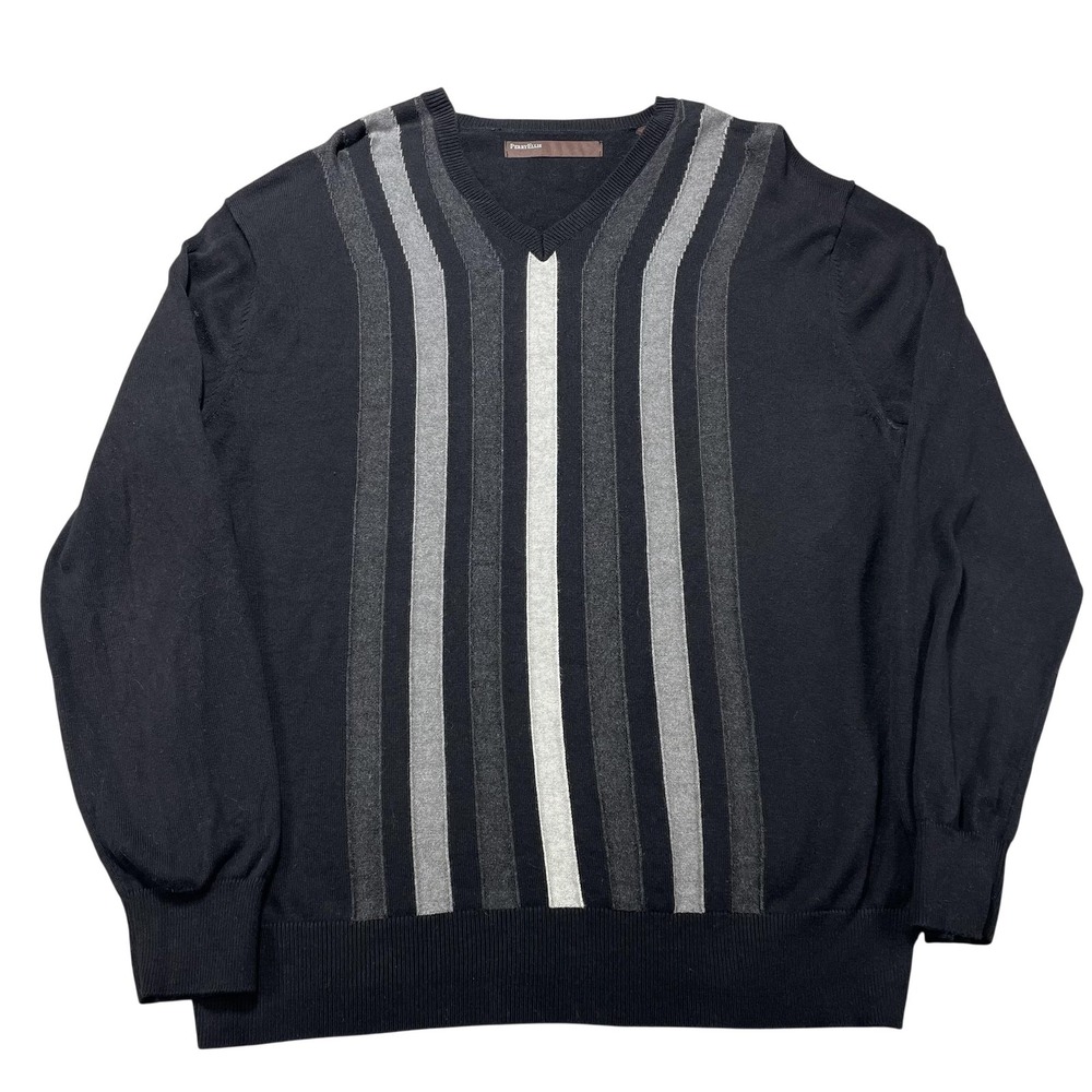 Perry Ellis Sweater Mens Large Black Gray Stripe V Neck Knit Pullover Casual